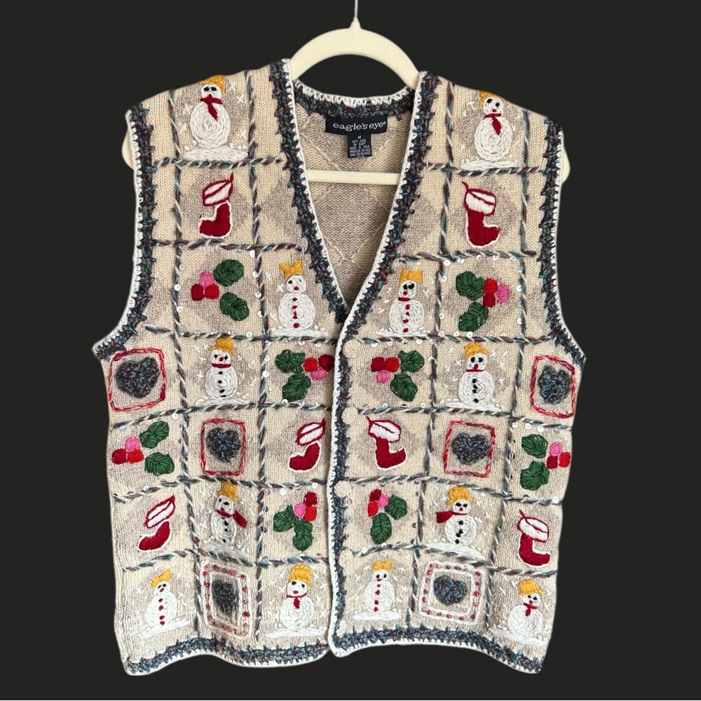 VINTAGE EAGLES EYE‎ Wool Embroidered Sweater Vest Ugly Christmas M